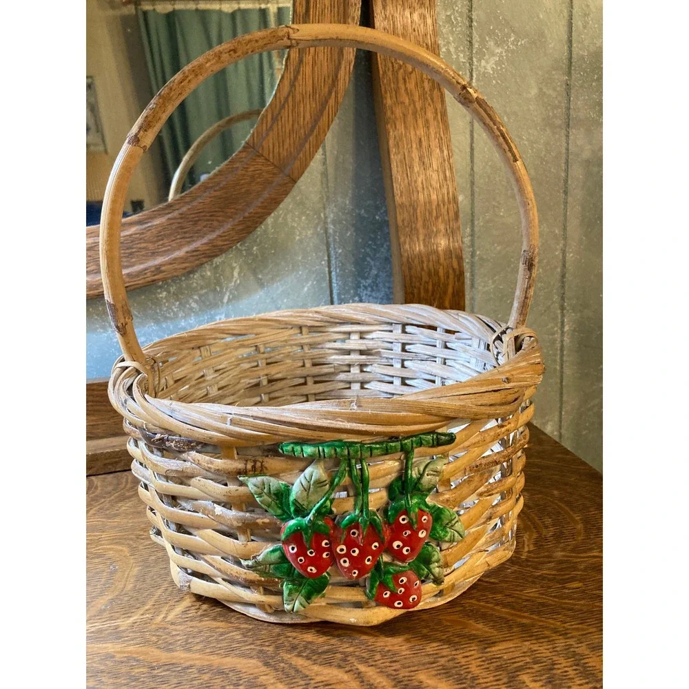 Vintage Wicker Basket with Ceramic Strawberry Accent Cottagecore Round Decor